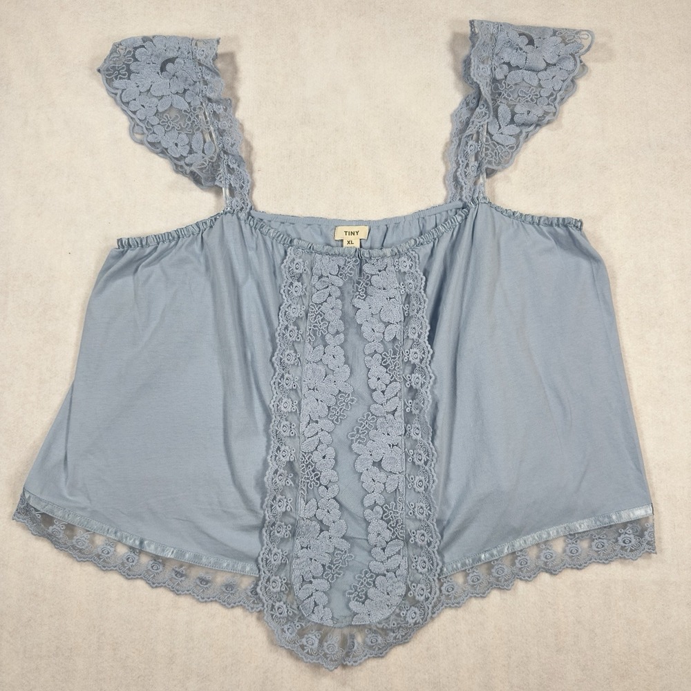 Anthropologie TINY Womens XL Blue Lace Cami Tank Top Flutter Strap Boho